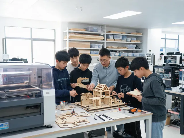 School makerspace prototyping a plywood model