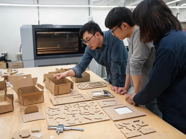 Prototype team reviewing laser-cut components